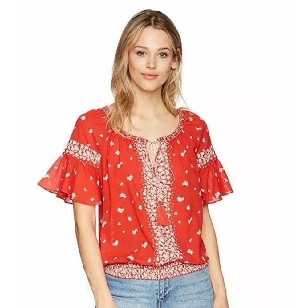 ✨Ella Moon Top Boho Sz Large  Shirt Red Smocked Waist Ruffle Sleeve Tassel Tie✨